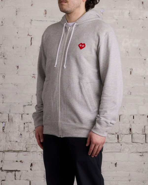 Comme des Garçons PLAY Invader Red Heart Zip Hooded Sweatshirt Grey on Sale