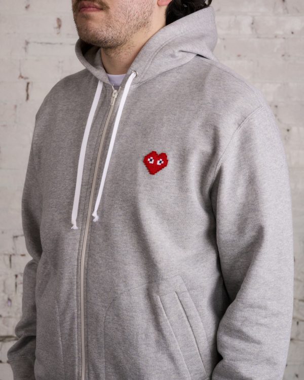 Comme des Garçons PLAY Invader Red Heart Zip Hooded Sweatshirt Grey on Sale