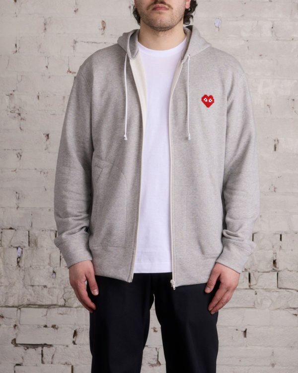 Comme des Garçons PLAY Invader Red Heart Zip Hooded Sweatshirt Grey on Sale